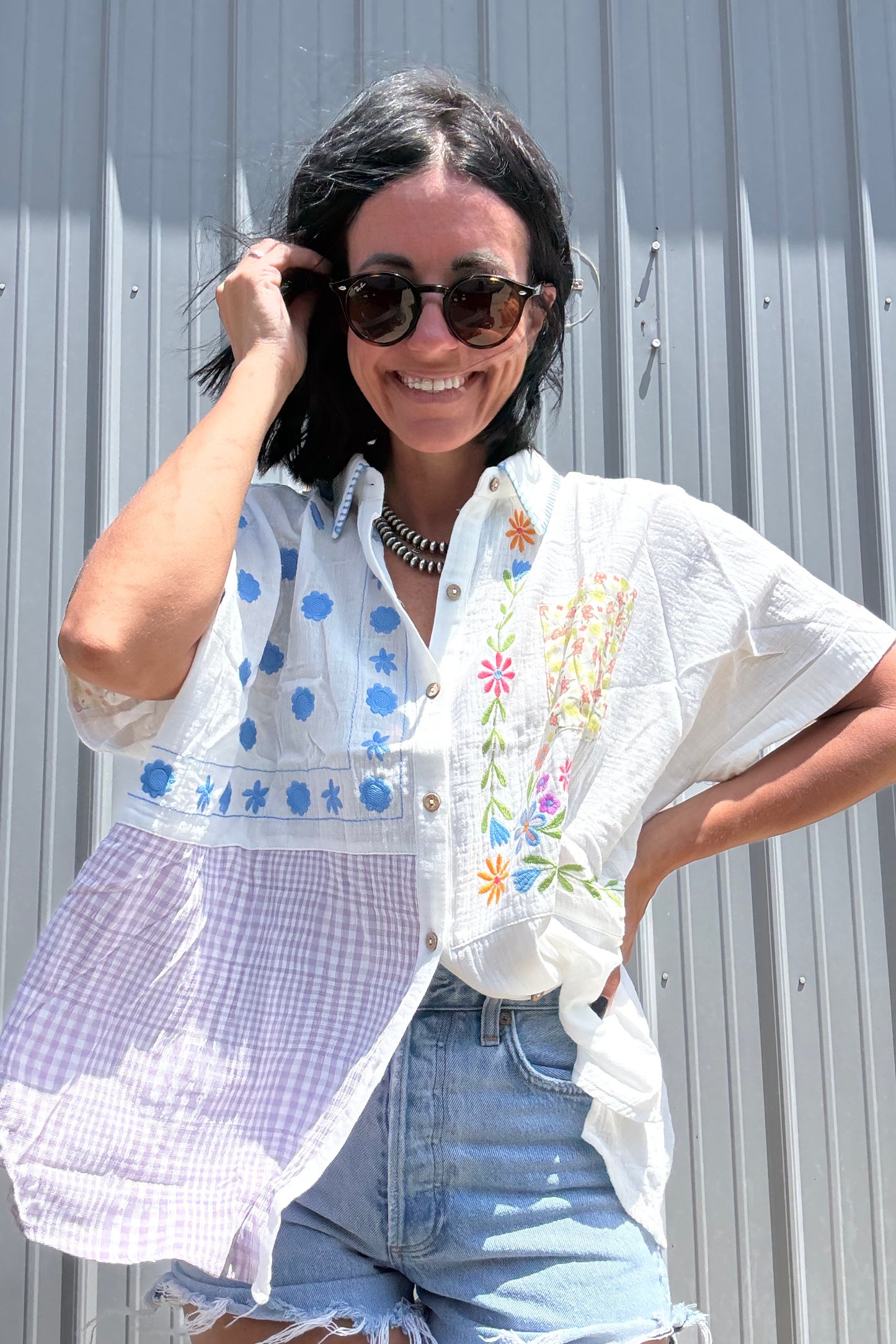 Patchwork Embroidered Button Down Shirt