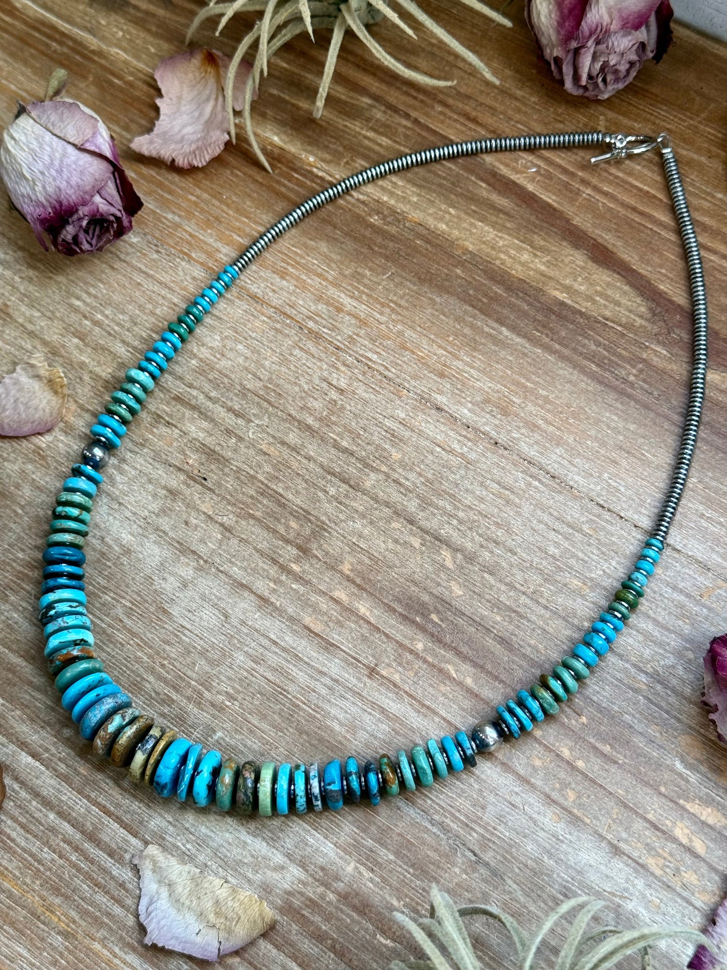 Tri-Color Graduated Turquoise Necklace with Sterling Silver Pearls & Hematite – 23”