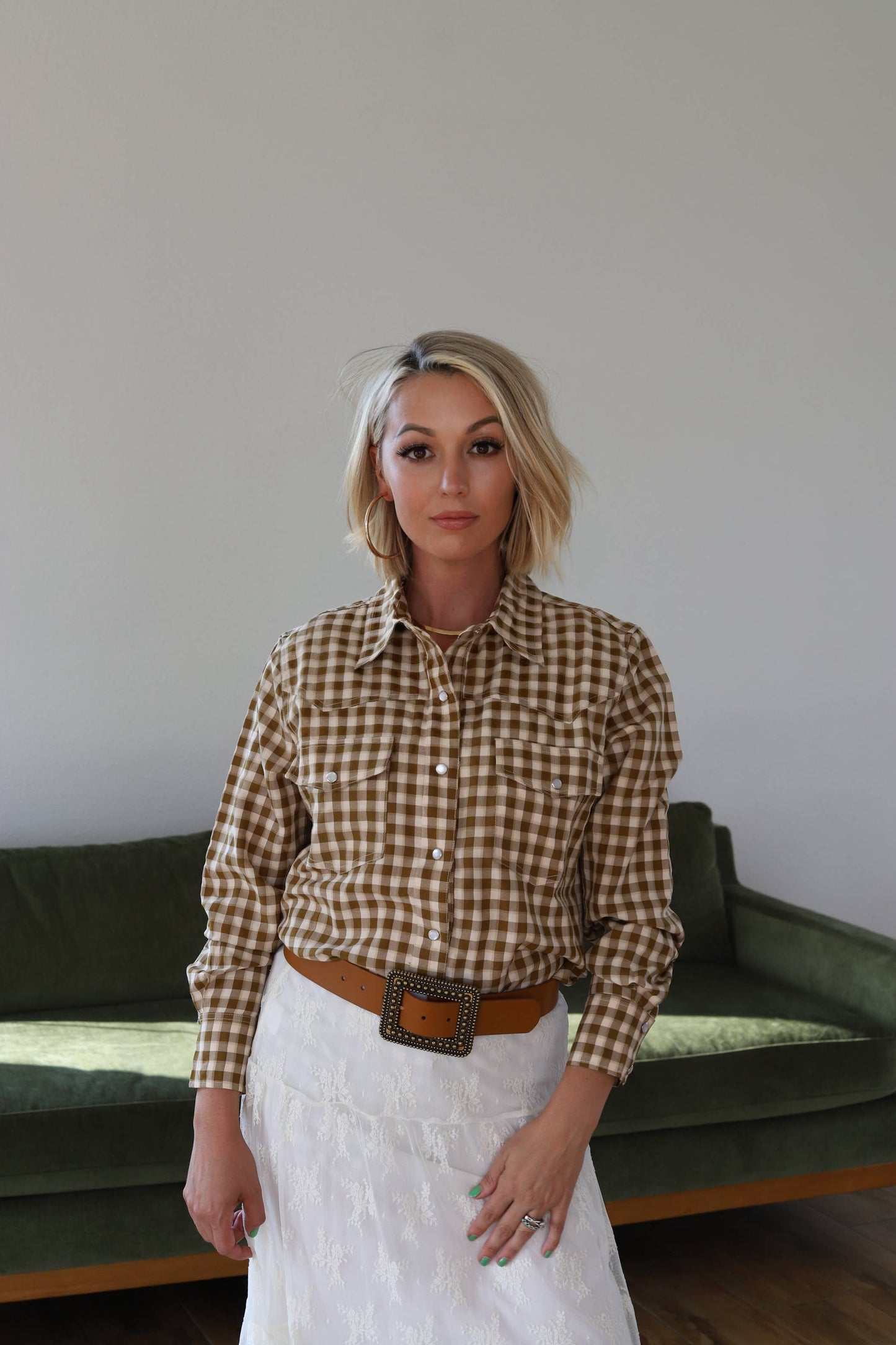 Western Brown Gingham Pearl Snap Western Shirt: L