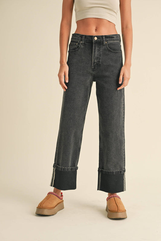 P3964   CUFFED BORROM BLACK DENIM PANTS: BLACK DENIM / S