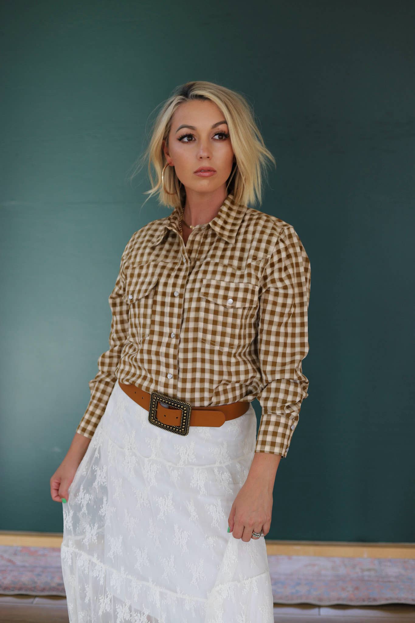 Western Brown Gingham Pearl Snap Western Shirt: L