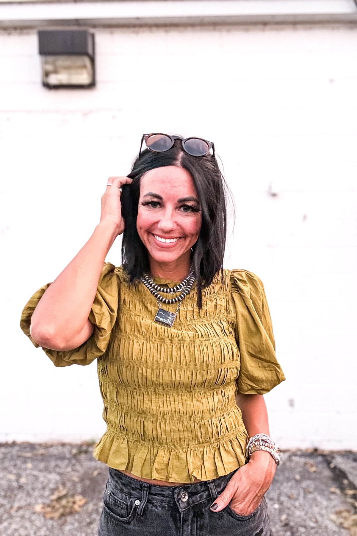 Sonora Smocked Puff Sleeve Top — Martini Olive
