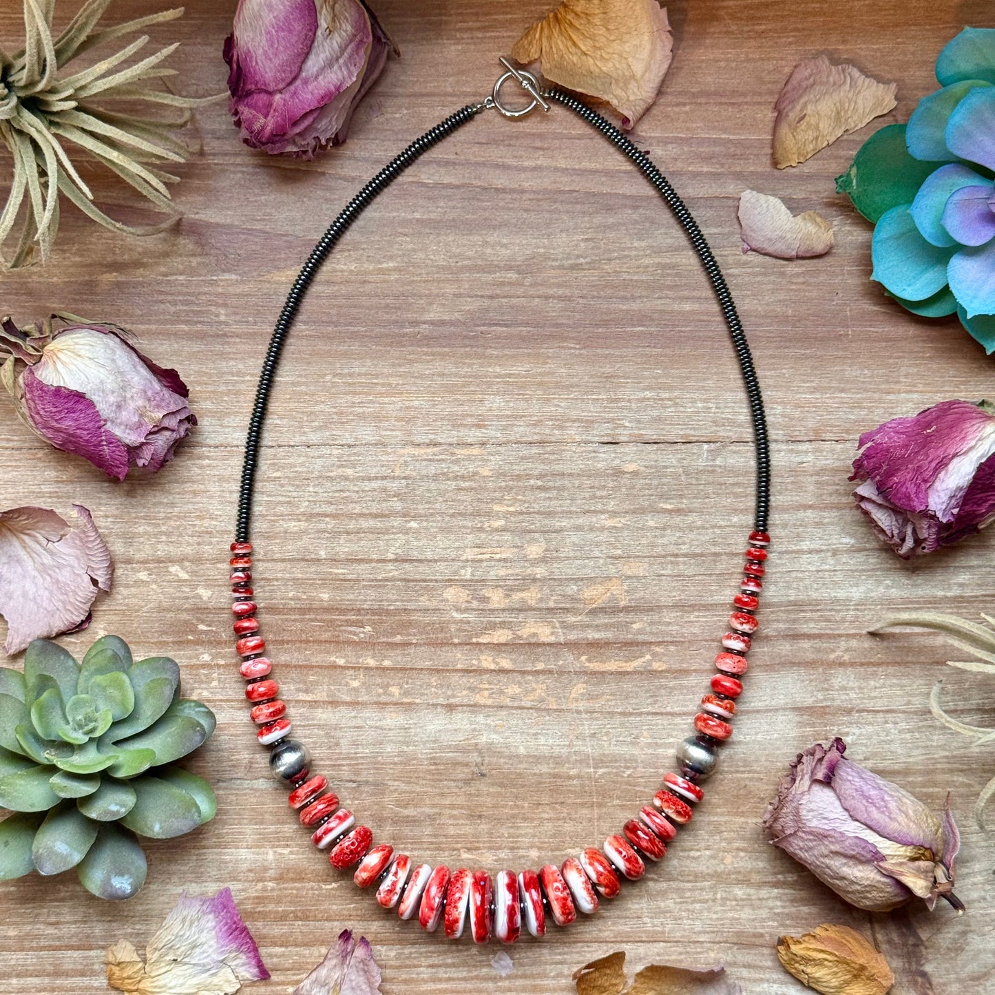 Red Spiny Oyster & Black Hematite Necklace – 23.5”