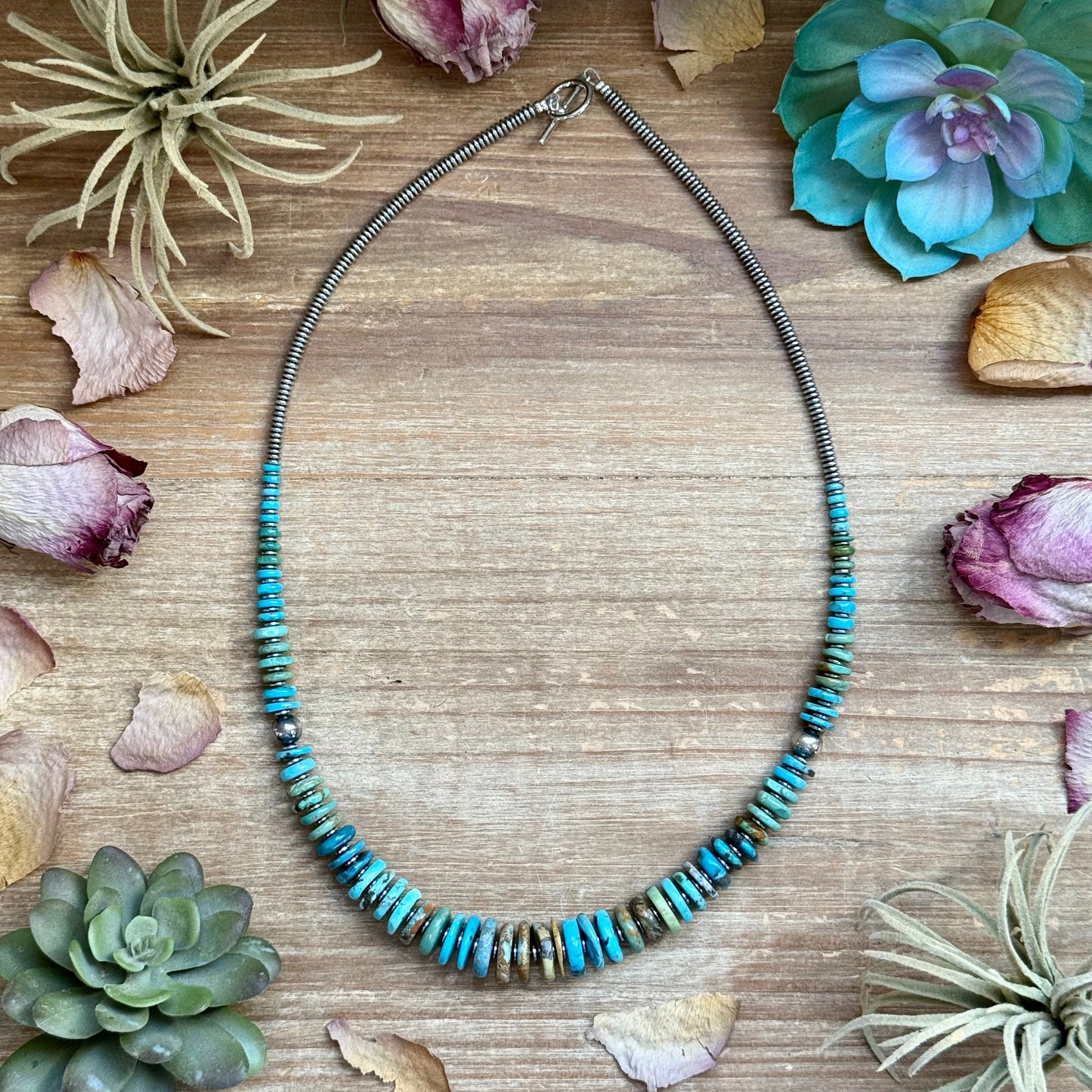 Tri-Color Graduated Turquoise Necklace with Sterling Silver Pearls & Hematite – 23”