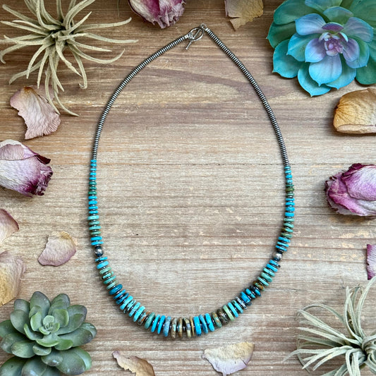 Tri-Color Graduated Turquoise Necklace with Sterling Silver Pearls & Hematite – 23”