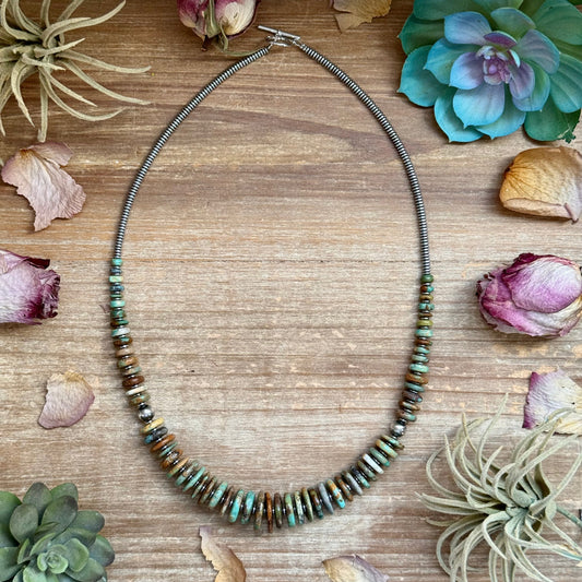 Green Turquoise Graduated Necklace with Sterling Silver Pearls & Hematite – 23”