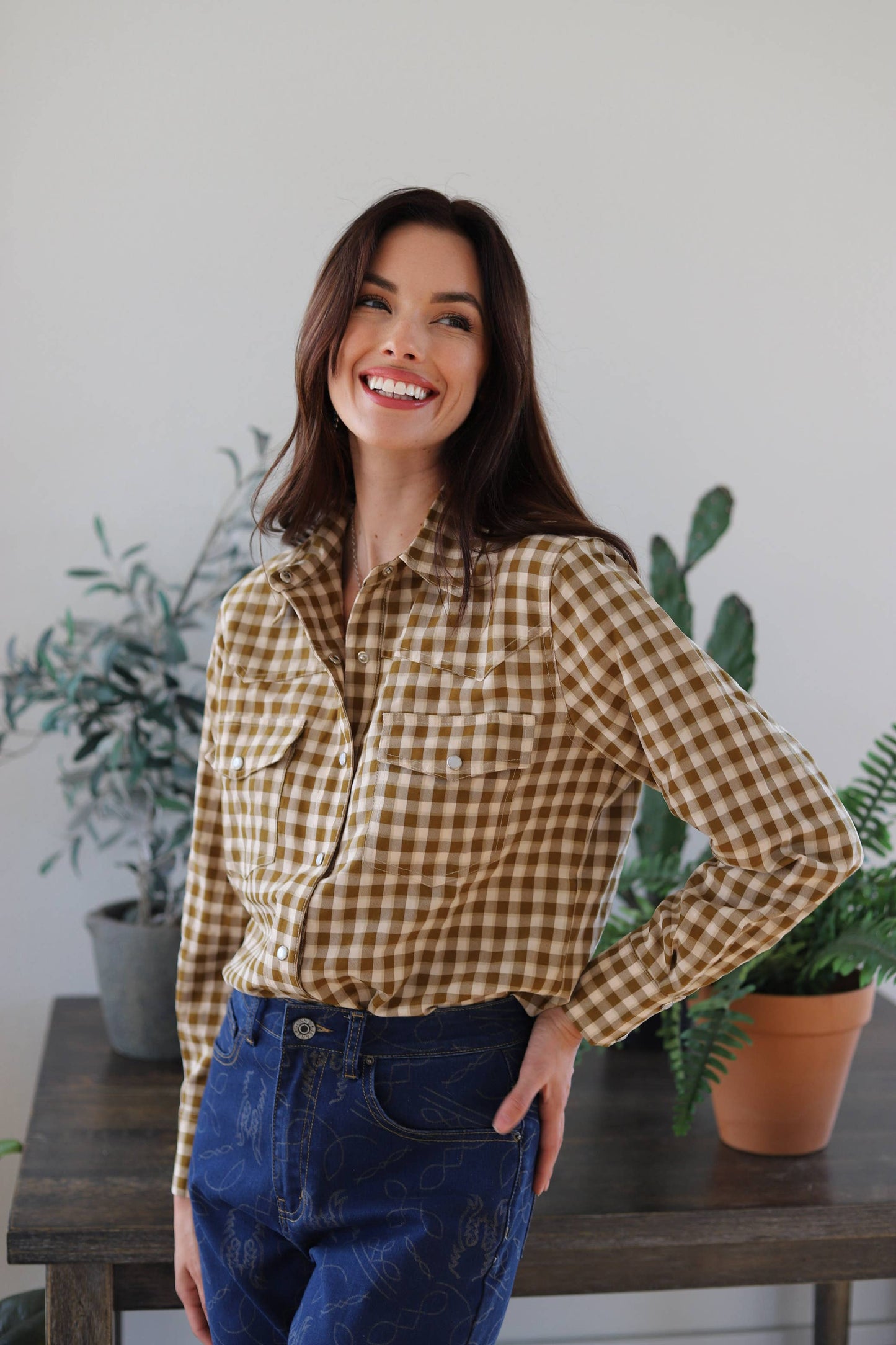 Western Brown Gingham Pearl Snap Western Shirt: L